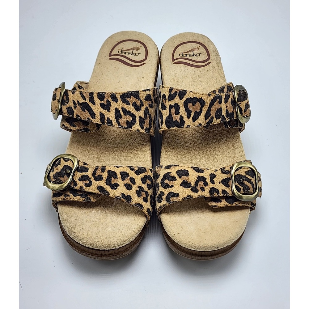 Dansko Leopard Print Leather Slide Sandals Womens 37 Wedge Buckle Size 6.5 - Picture 5 of 13